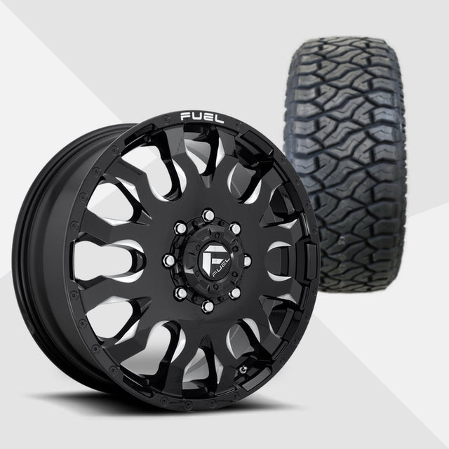 Fuel Offroad Blitz Dually Gloss Black Milled 20x8.25 Wheels & Venom Power Tires Terra Hunter R/T Plus 275/65R20 Tires - 20" Dually Package