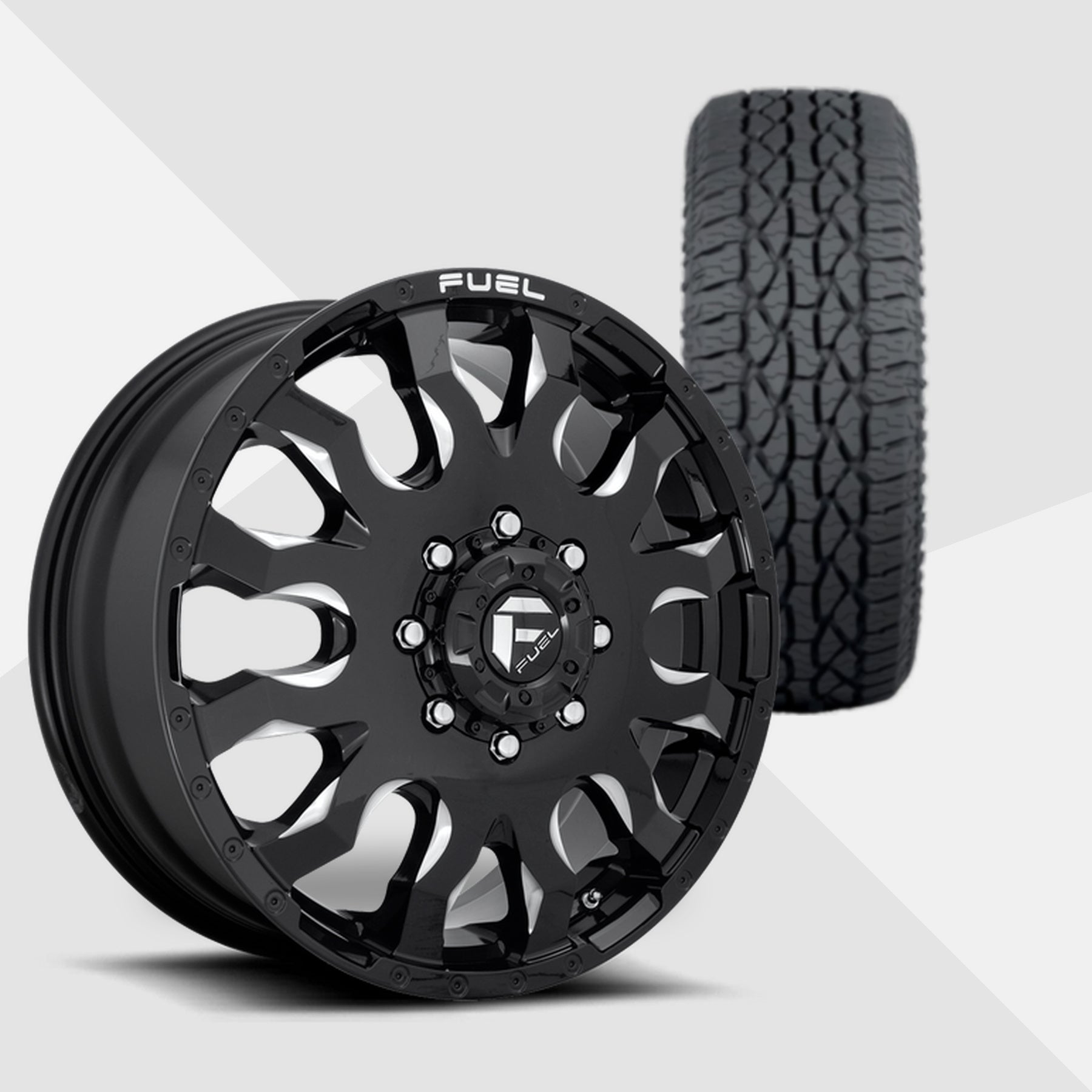 Fuel Offroad Blitz Dually Gloss Black Milled 20x8.25 Wheels & Atturo Tires Trail Blade ATS 285/60R20 Tires - 20" Dually Package