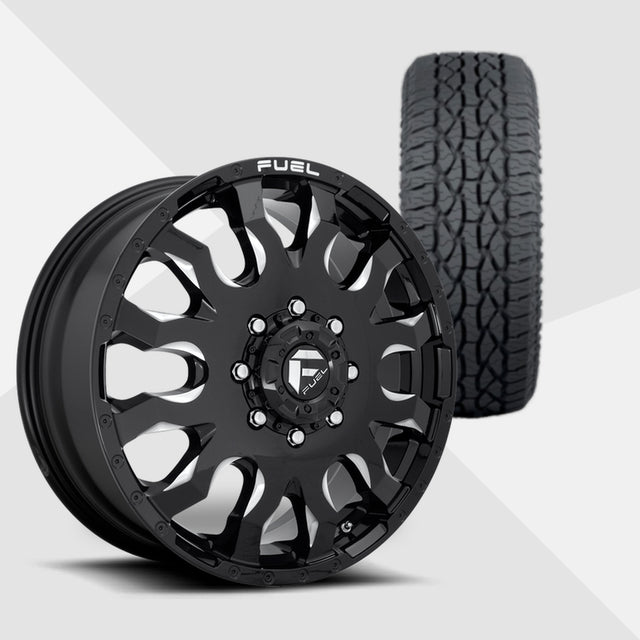 Fuel Offroad Blitz Dually Gloss Black Milled 20x8.25 Wheels & Atturo Tires Trail Blade ATS 285/60R20 Tires - 20" Dually Package