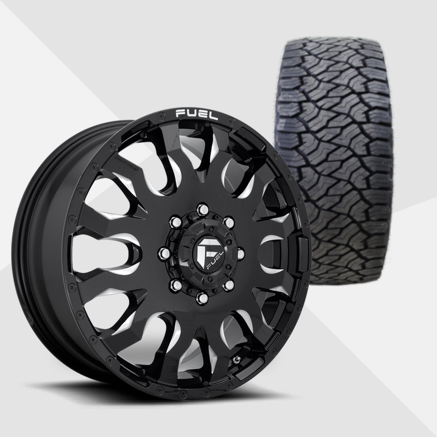 Fuel Offroad Blitz Dually Gloss Black Milled 20x8.25 Wheels & Venom Power Tires Trail Hunter ATS 33x12.50R20 Tires - 20" Dually Package
