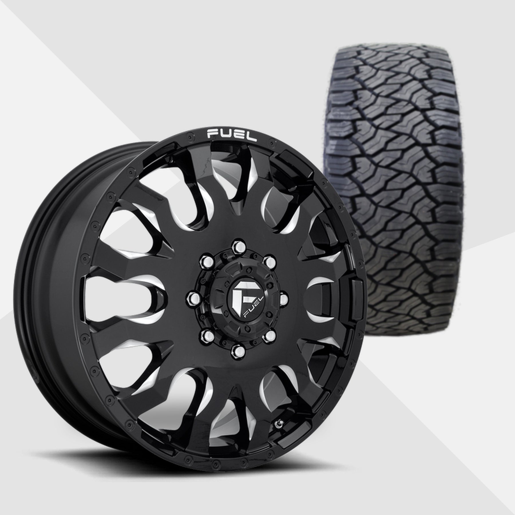 Fuel Offroad Blitz Dually Gloss Black Milled 20x8.25 Wheels & Venom Power Tires Trail Hunter ATS 33x12.50R20 Tires - 20" Dually Package