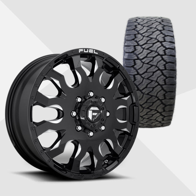 Fuel Offroad Blitz Dually Gloss Black Milled 20x8.25 Wheels & Venom Power Tires Trail Hunter ATS 33x12.50R20 Tires - 20" Dually Package
