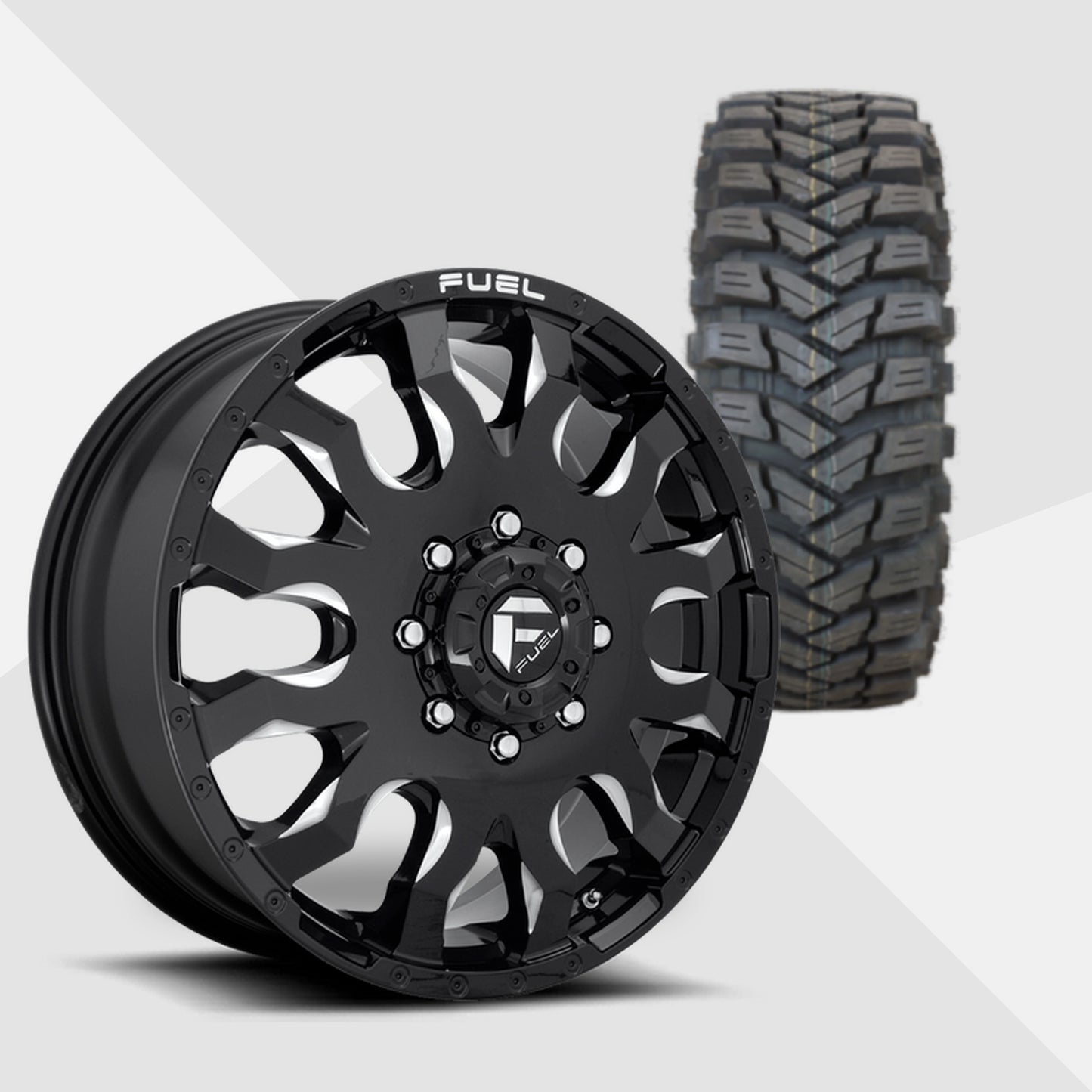 Fuel Offroad Blitz Dually Gloss Black Milled 20x8.25 Wheels & Maxxis Tires Trepador M8060 35x12.50R20 Tires - 20" Dually Package
