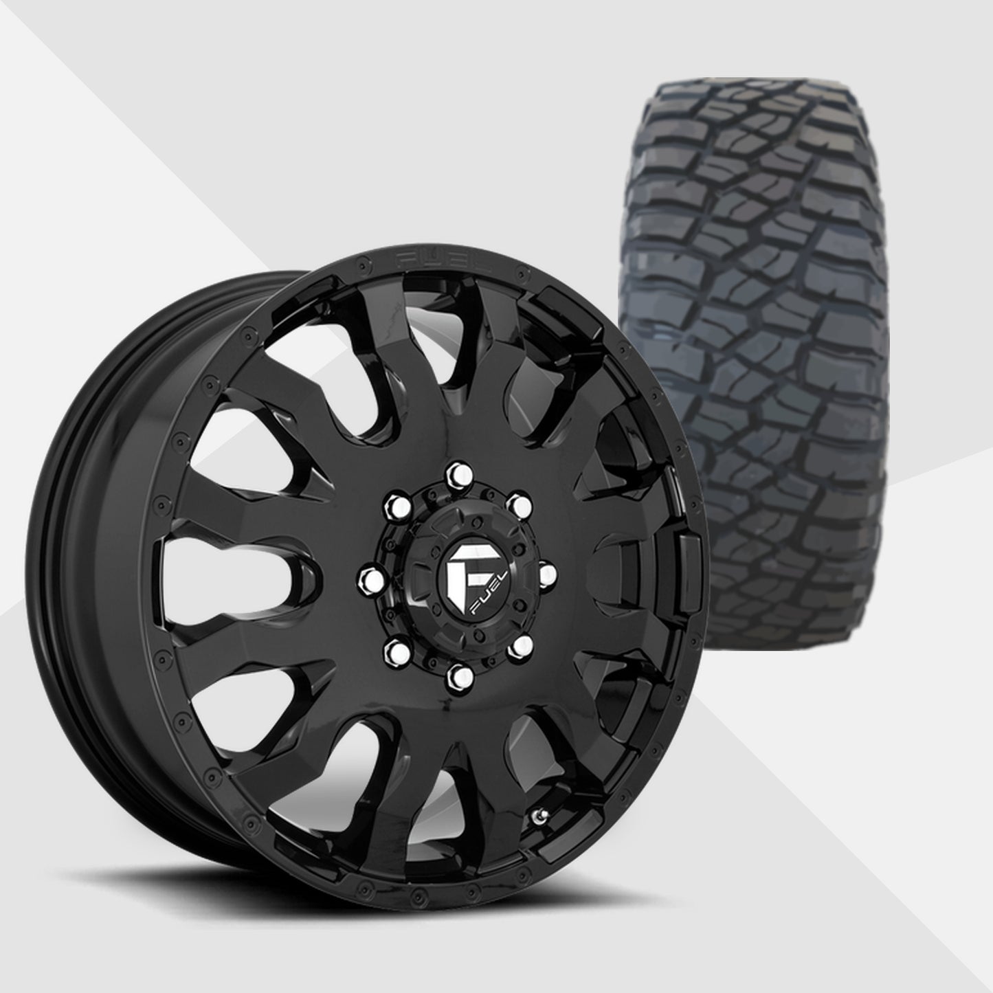 Fuel Offroad Blitz Dually Gloss Black 20x8.25 Wheels & BF Goodrich Tires Mud Terrain T/A KM3 33x12.50R20 Tires - 20" Dually Package