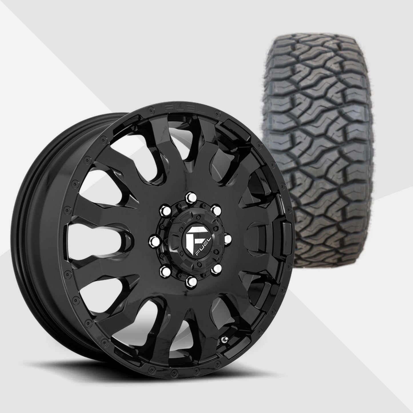 Fuel Offroad Blitz Dually Gloss Black 20x8.25 Wheels & Venom Power Tires Terra Hunter R/T 275/55R20 Tires - 20" Dually Package