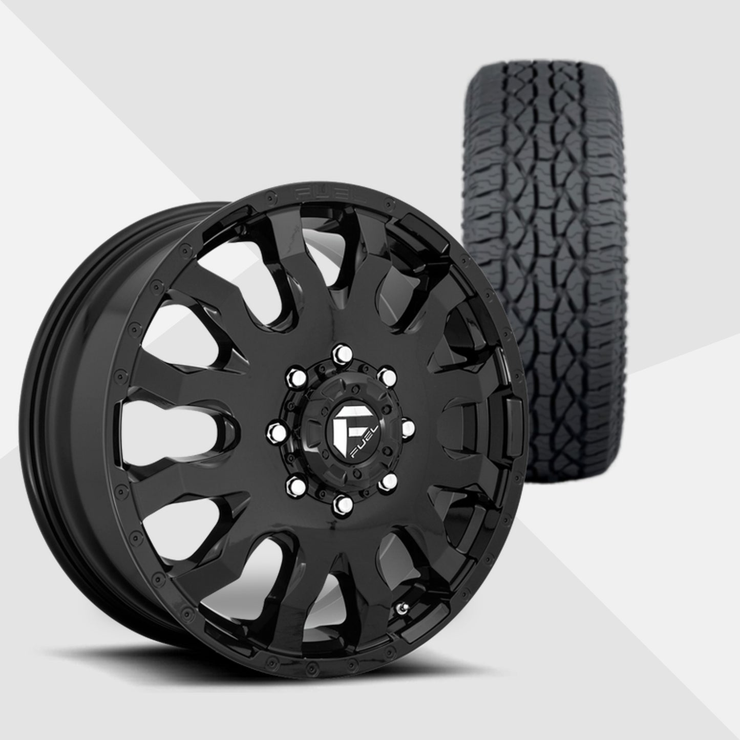 Fuel Offroad Blitz Dually Gloss Black 20x8.25 Wheels & Atturo Tires Trail Blade ATS 33x12.50R20 Tires - 20" Dually Package
