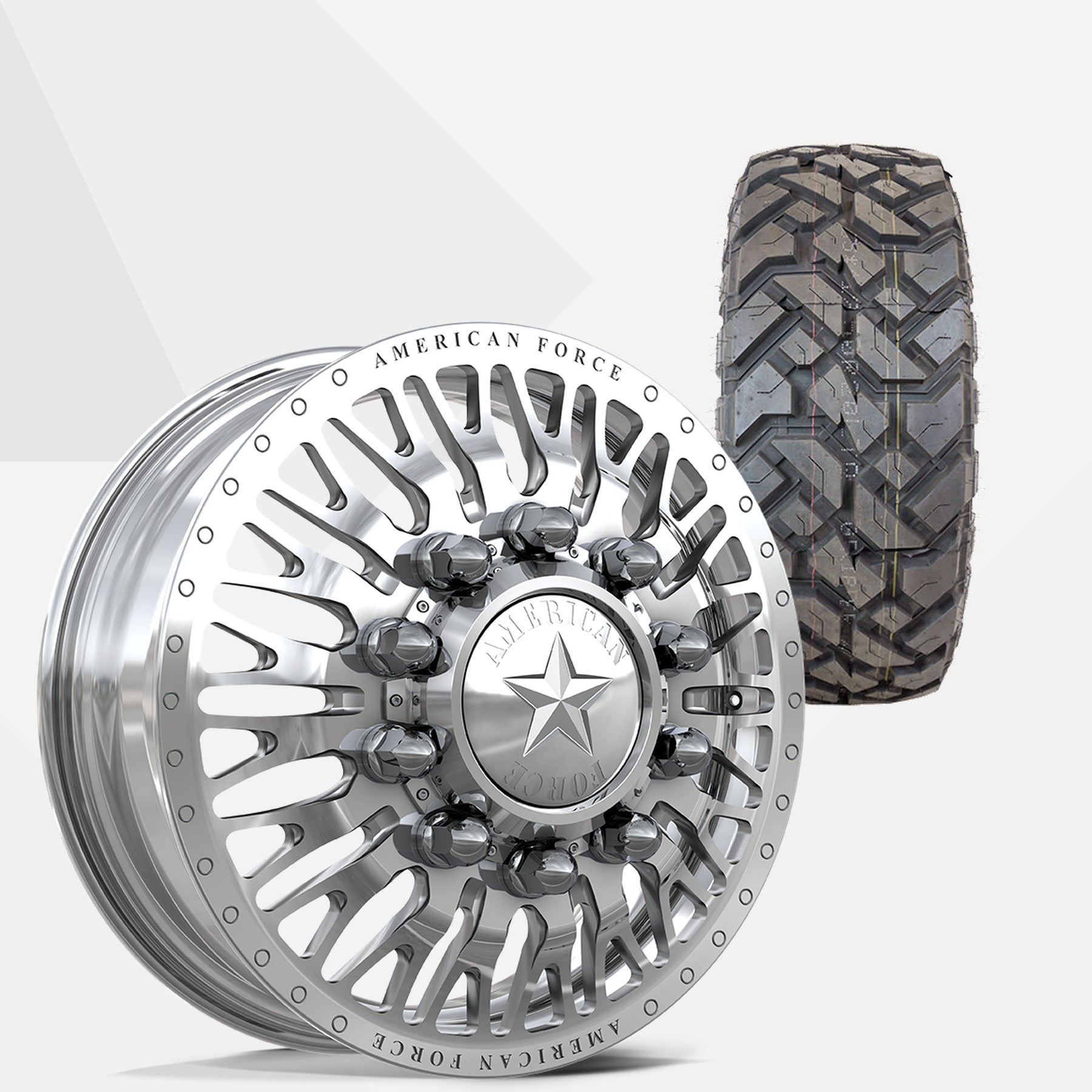 American Force Business Polished 22x8.25 Wheels & Fuel Tires Gripper X/T 33x12.50R22 Tires - 22" Dually Package