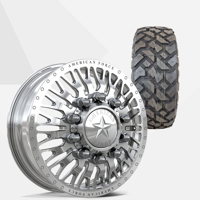 American Force Business Polished 22x8.25 Wheels & Fuel Tires Gripper X/T 33x12.50R22 Tires - 22" Dually Package