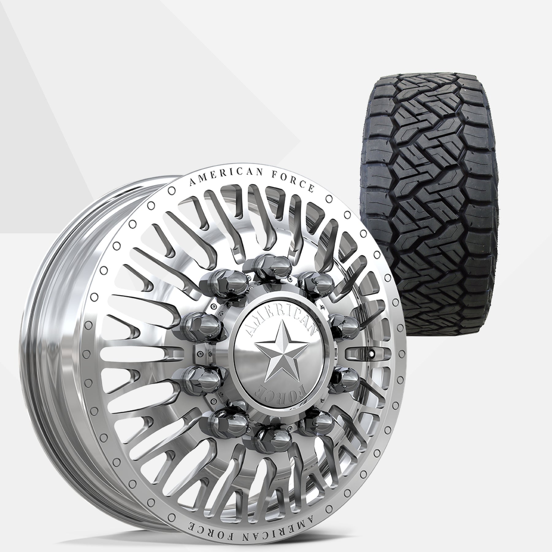 American Force Business Polished 24x8.25 Wheels & Nitto Tires Recon Grappler A/T 295/45R24 Tires - 24" Dually Package