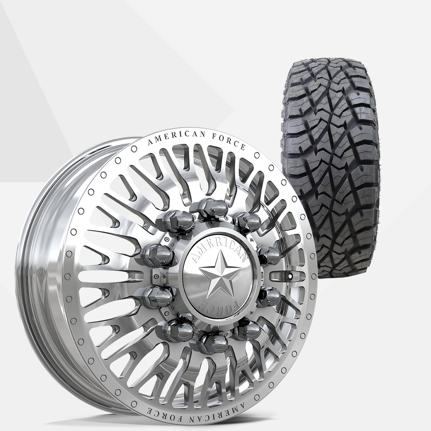 American Force Business Polished 24x8.25 Wheels & AMP Tires Terrain Attack R/T 35x13.50R24 Tires - 24" Dually Package