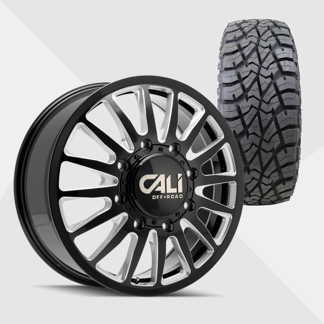 Cali Offroad Summit Gloss Black with Milled Spokes 22x8.25 8x200 with AMP Tires Terrain Attack R/T 35x12.50R22 Dually Package