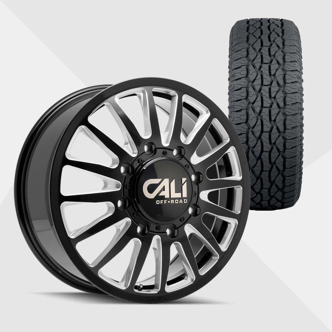Cali Offroad Summit Gloss Black with Milled Spokes 20x8.25 8x210 with Atturo Tires Trail Blade ATS 285/60R20 Dually Package