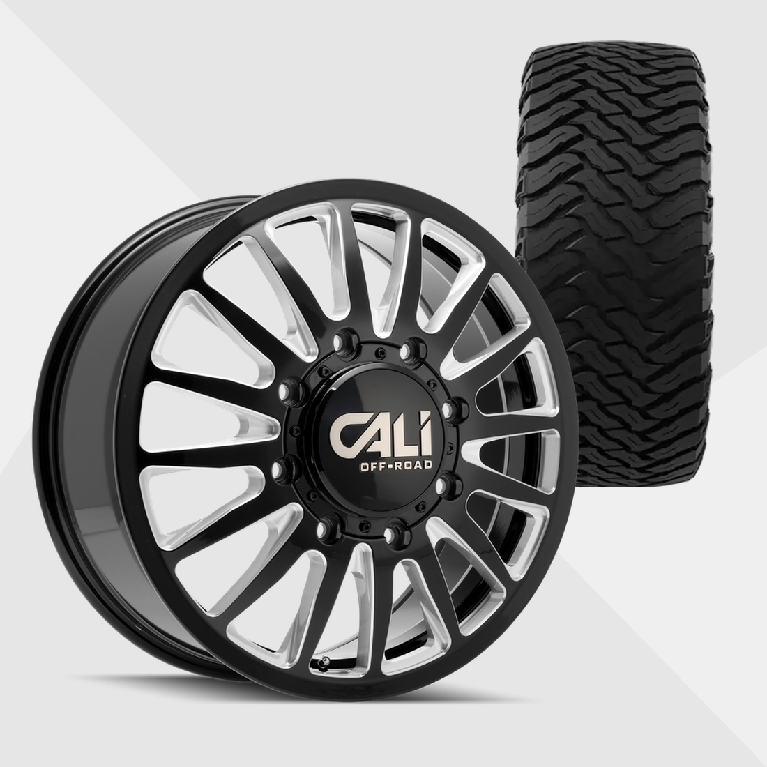 Cali Offroad Summit Gloss Black with Milled Spokes 22x8.25 8x200 with Ironman Tires All Country M/T-X 37x13.50R22 Dually Package