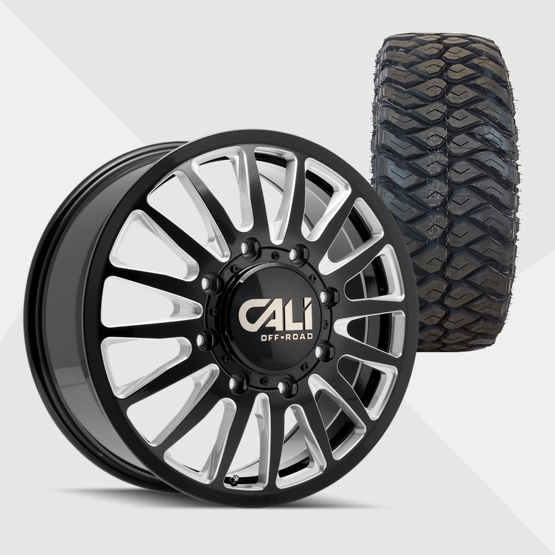 Cali Offroad Summit Gloss Black with Milled Spokes 20x8.25 8x200 with Maxxis Tires Razr M/T 275/65R20 Dually Package