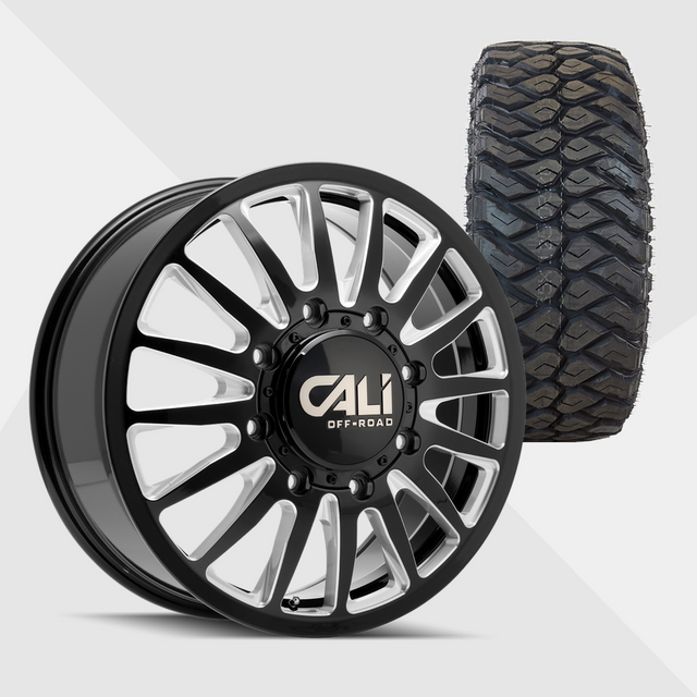 Cali Offroad Summit Gloss Black with Milled Spokes 20x8.25 8x200 with Maxxis Tires Razr M/T 275/65R20 Dually Package