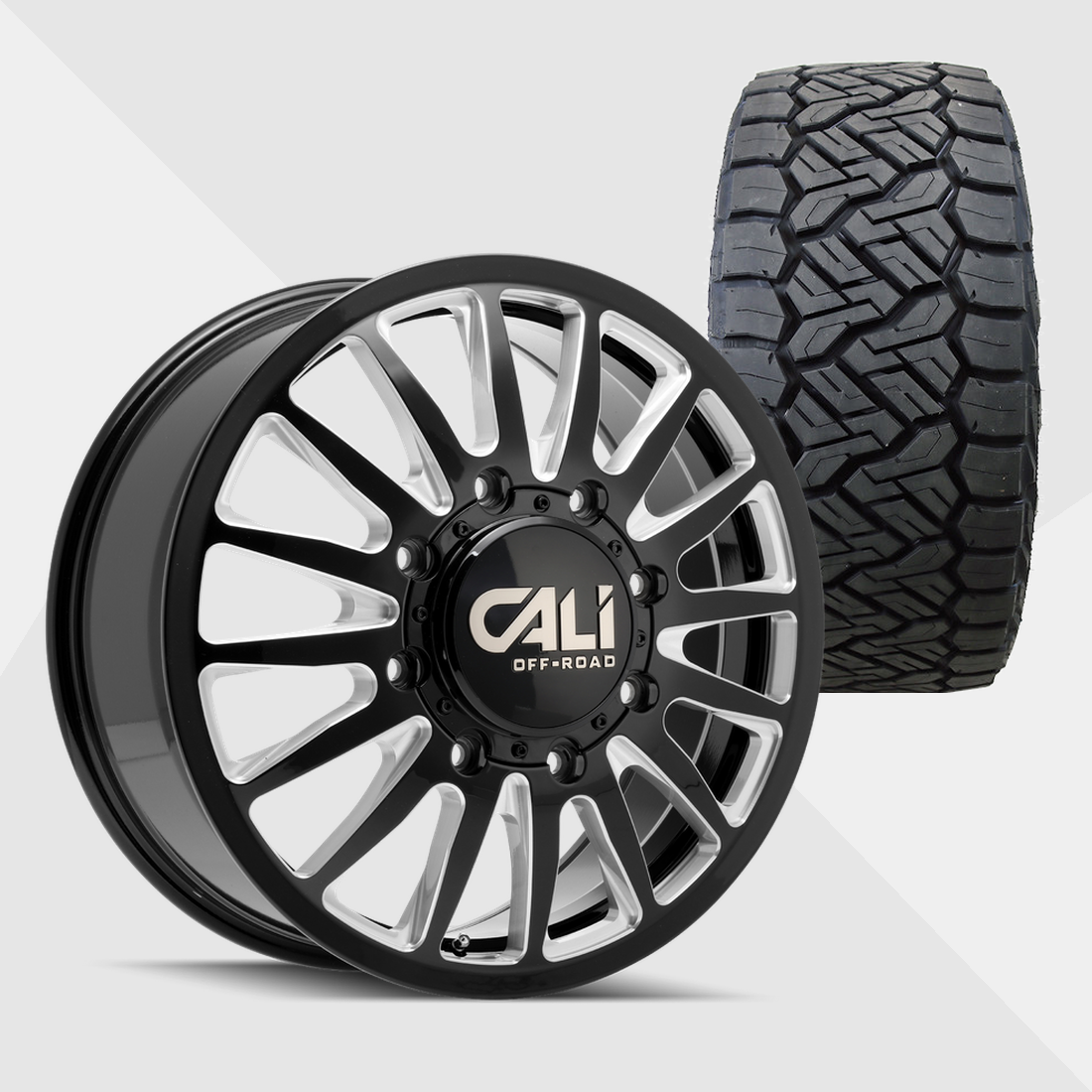 Cali Offroad Summit Gloss Black with Milled Spokes 20x8.25 8x210 with Nitto Tires Recon Grappler A/T 37x13.50R20 Dually Package
