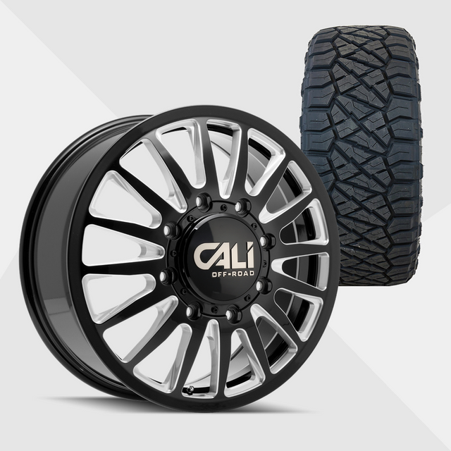 Cali Offroad Summit Gloss Black with Milled Spokes 20x8.25 8x170 with Nitto Tires Ridge Grappler 285/60R20 Dually Package