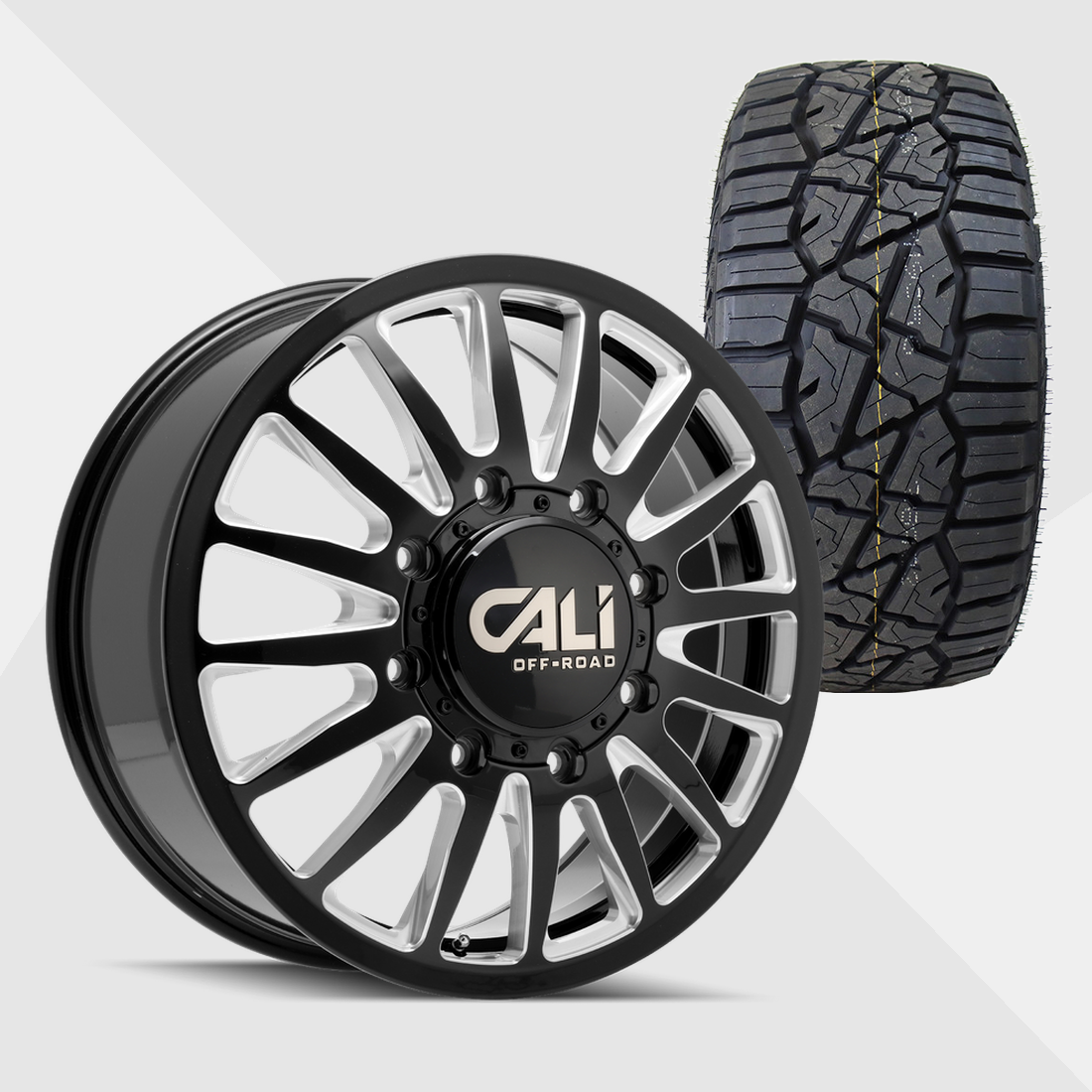 Cali Offroad Summit Gloss Black with Milled Spokes 20x8.25 8x165.1 (8x6.5) with TIS Tires TIS Offroad RT1 275/55R20 Dually Package