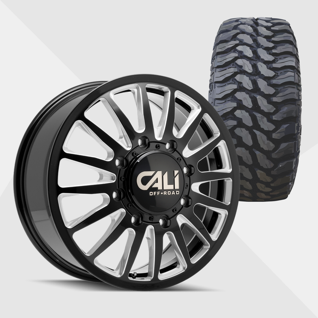 Cali Offroad Summit Gloss Black with Milled Spokes 20x8.25 8x200 with TIS Tires TIS Offroad TT1 M/T 275/55R20 Dually Package