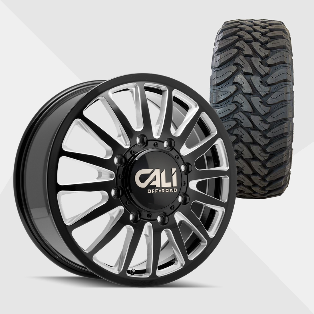 Cali Offroad Summit Gloss Black with Milled Spokes 22x8.25 8x200 with Toyo Tires Open Country M/T 35x12.50R22 Dually Package