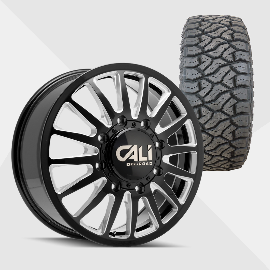 Cali Offroad Summit Gloss Black with Milled Spokes 20x8.25 8x170 with Venom Power Tires Terra Hunter R/T 275/55R20 Dually Package