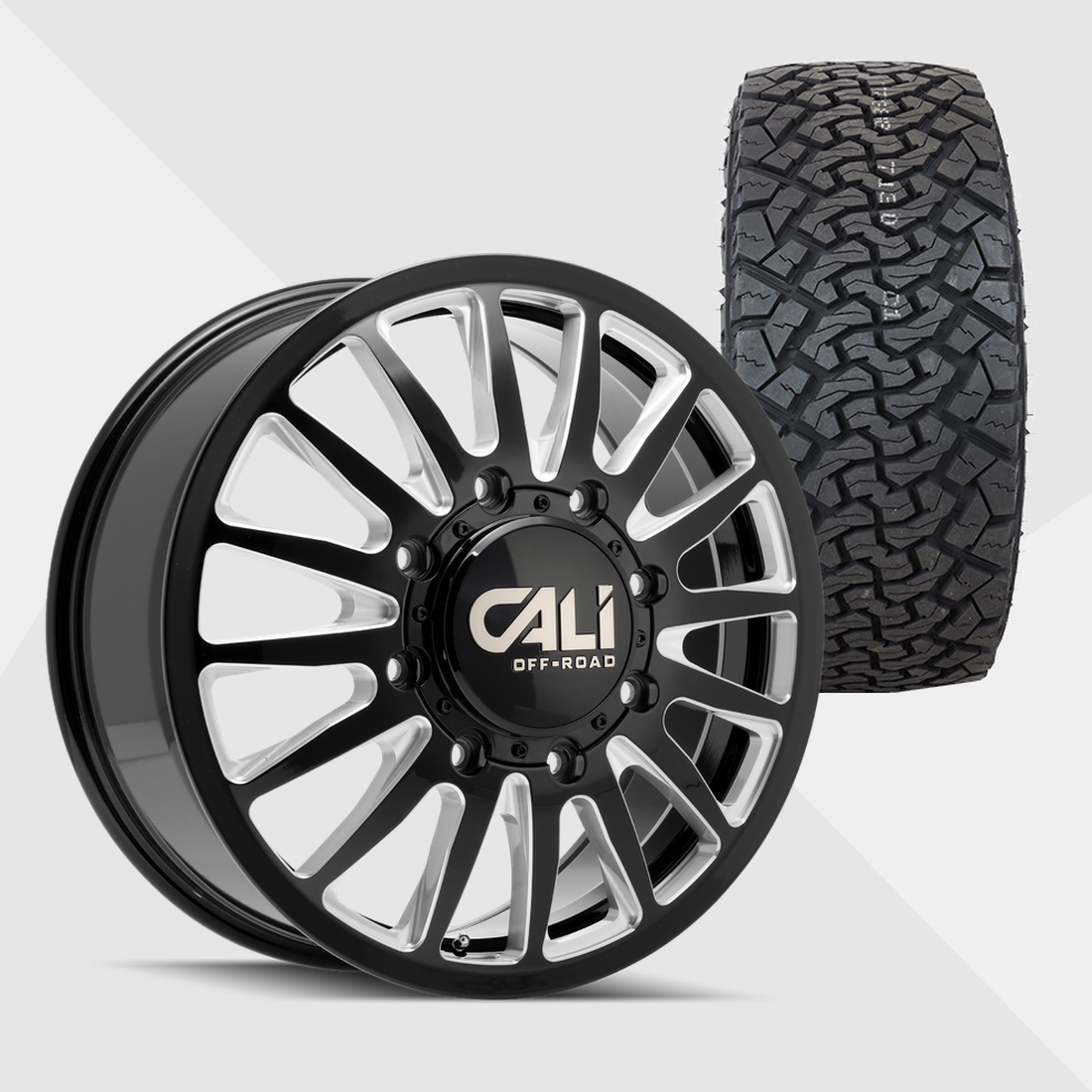 Cali Offroad Summit Gloss Black with Milled Spokes 22x8.25 8x165.1 (8x6.5) with Venom Power Tires Terra Hunter X/T 33x12.50R22 Dually Package