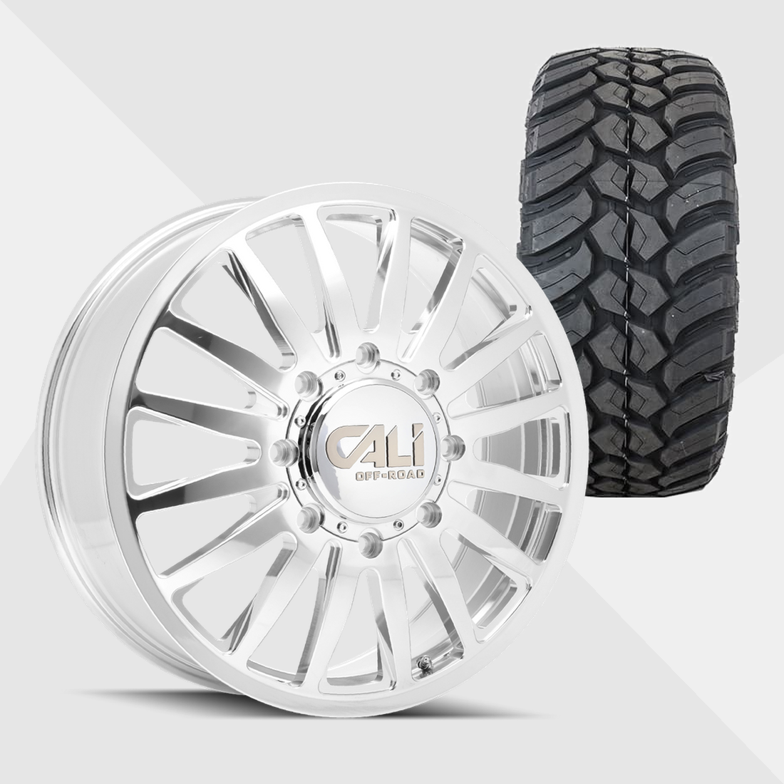 Cali Offroad Summit Polished with Milled Spokes 22x8.25 8x210 with AMP Tires Terrain Attack M/T 33x12.50R22 Dually Package