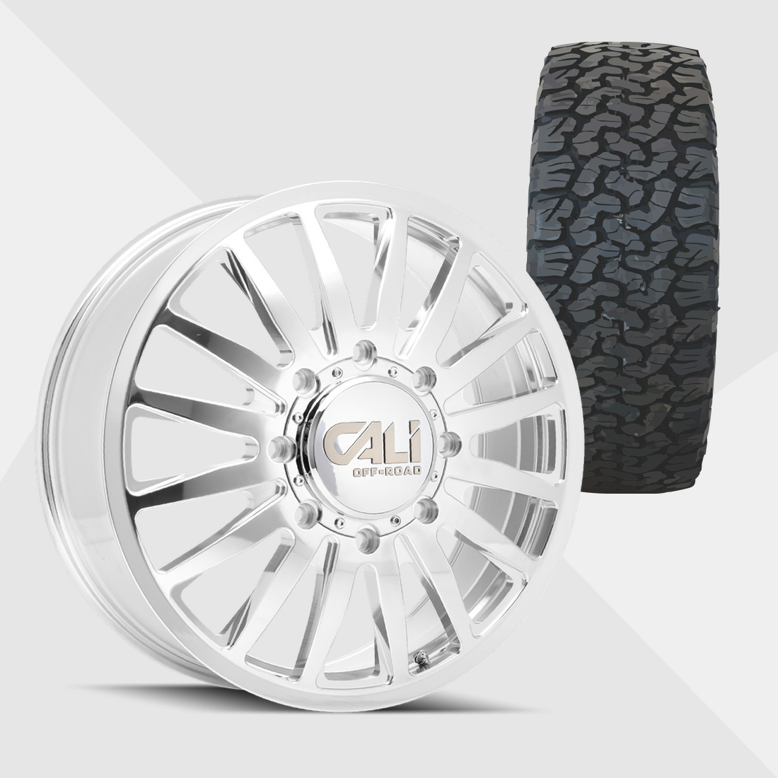 Cali Offroad Summit Polished with Milled Spokes 20x8.25 8x170 with BF Goodrich Tires T/A KO2 A/T 265/60R20 Dually Package