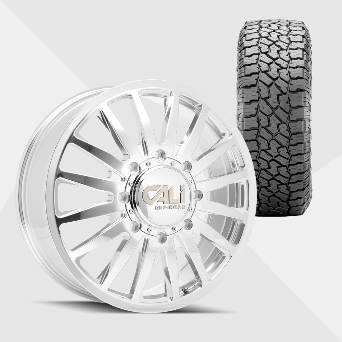 Cali Offroad Summit Polished with Milled Spokes 20x8.25 8x165.1 (8x6.5) with Falken Tires Wildpeak A/T4W 35x12.50R20 Dually Package
