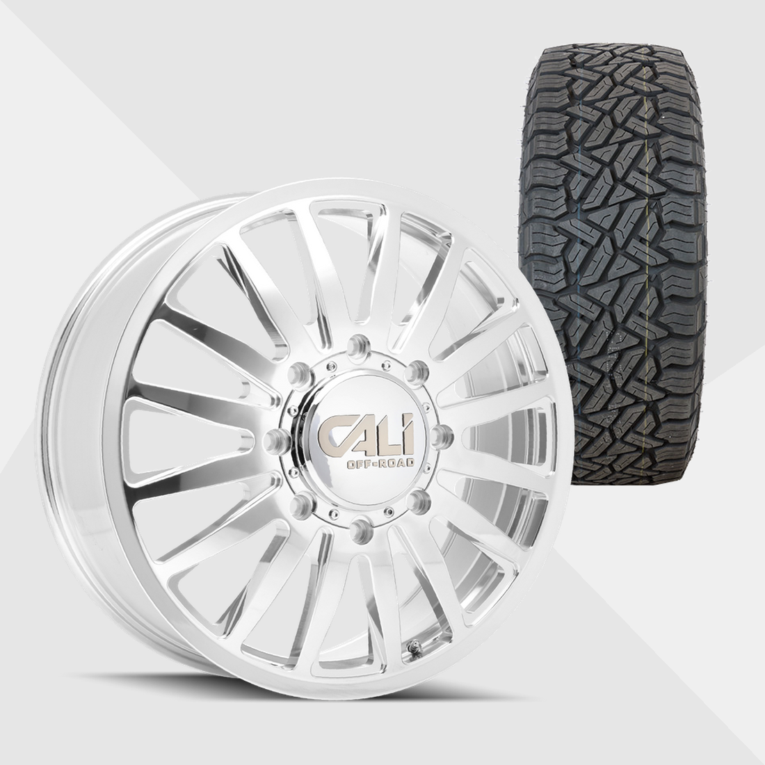 Cali Offroad Summit Polished with Milled Spokes 20x8.25 8x165.1 (8x6.5) with Fuel Tires Gripper A/T 285/55R20 Dually Package