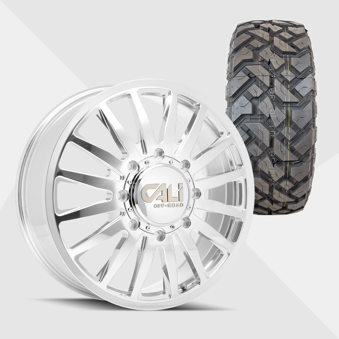Cali Offroad Summit Polished with Milled Spokes 22x8.25 8x200 with Fuel Tires Gripper X/T 33x12.50R22 Dually Package