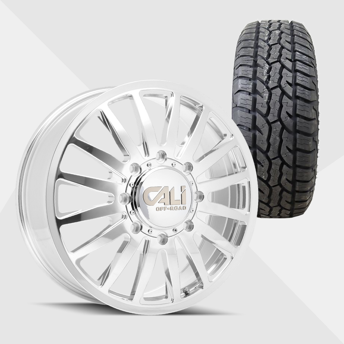 Cali Offroad Summit Polished with Milled Spokes 20x8.25 8x210 with Ironman Tires All Country A/T 275/55R20 Dually Package