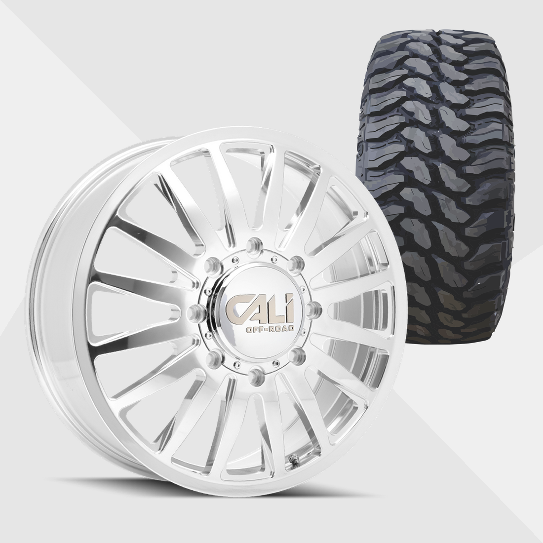 Cali Offroad Summit Polished with Milled Spokes 20x8.25 8x210 with TIS Tires TIS Offroad TT1 M/T 275/55R20 Dually Package