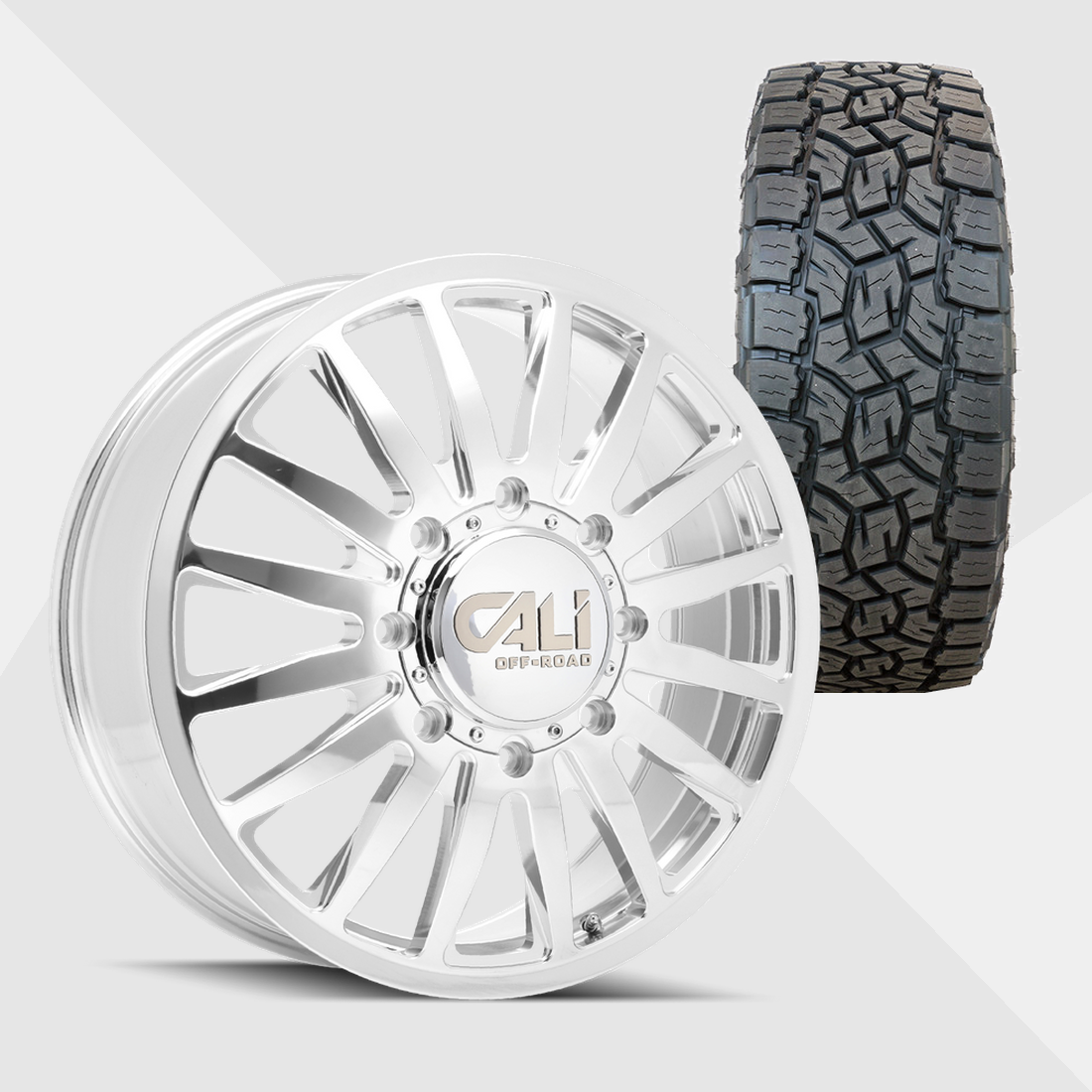 Cali Offroad Summit Polished with Milled Spokes 22x8.25 8x165.1 (8x6.5) with Toyo Tires Open Country A/T III 35x12.50R22 Dually Package