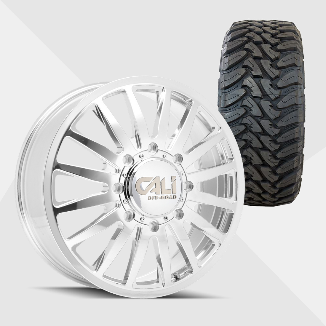 Cali Offroad Summit Polished with Milled Spokes 22x8.25 8x165.1 (8x6.5) with Toyo Tires Open Country M/T 35x12.50R22 Dually Package