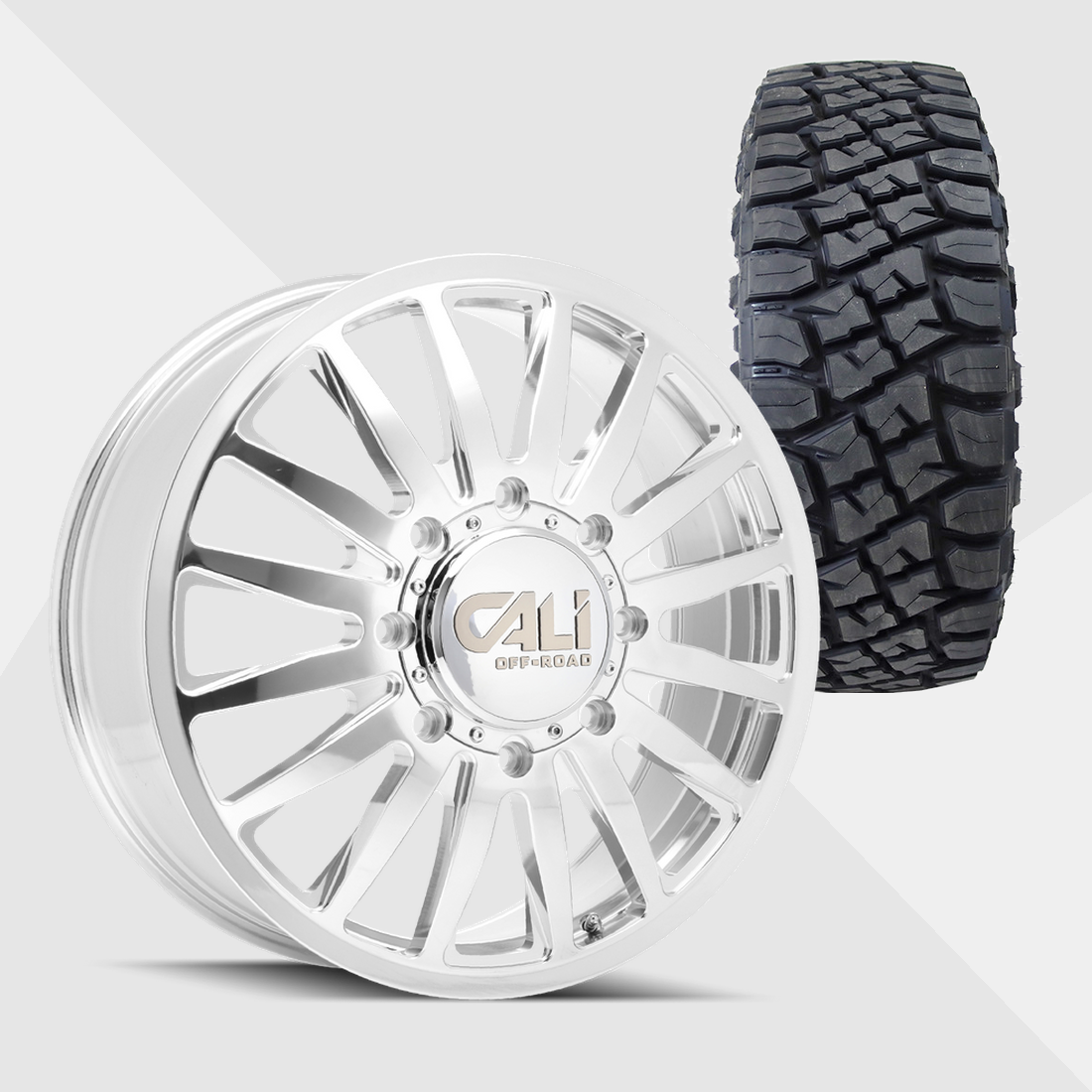 Cali Offroad Summit Polished with Milled Spokes 20x8.25 8x200 with Toyo Tires Open Country R/T Pro 35x11.50R20 Dually Package