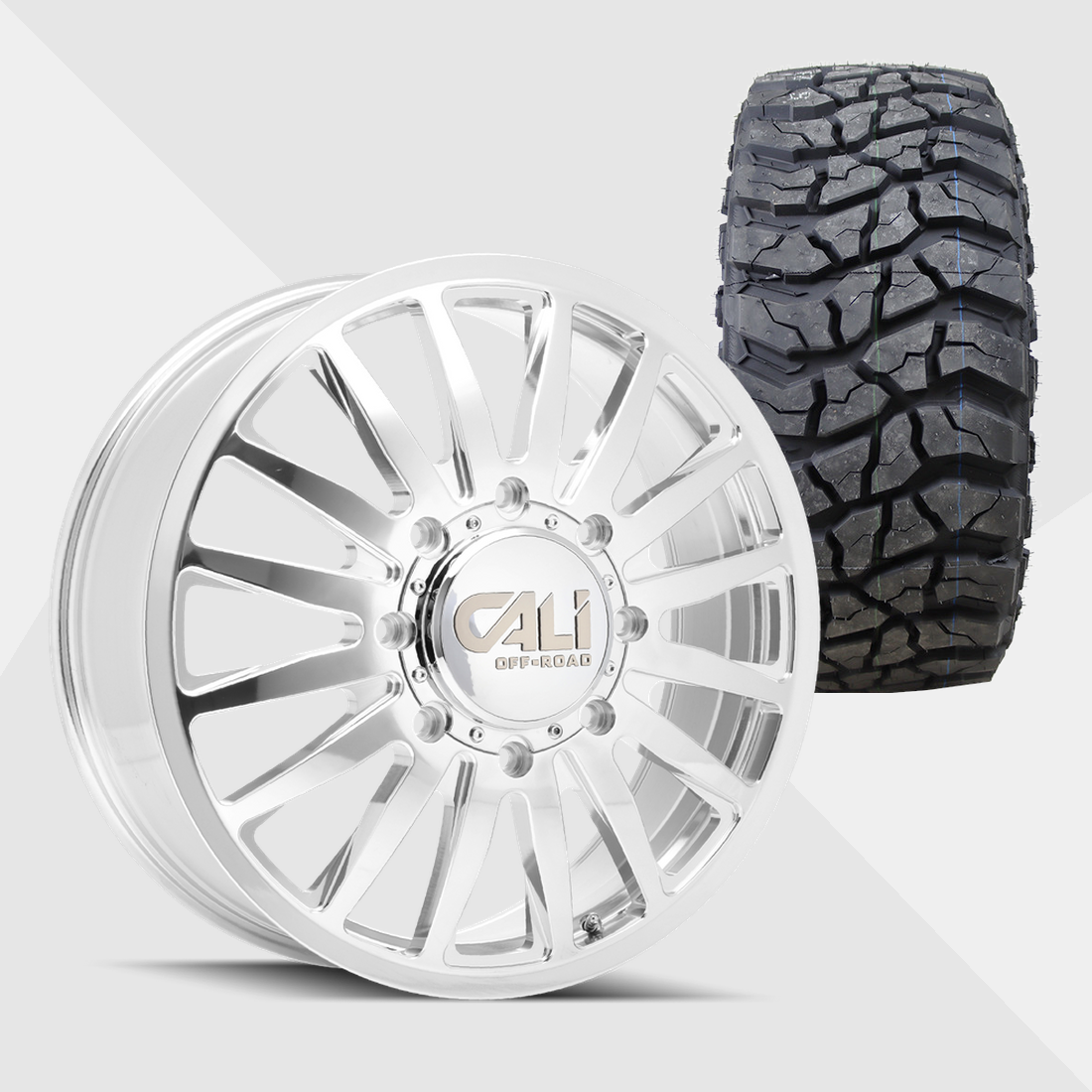 Cali Offroad Summit Polished with Milled Spokes 22x8.25 8x200 with Venom Power Tires Swampthing M/T 33x12.50R22 Dually Package