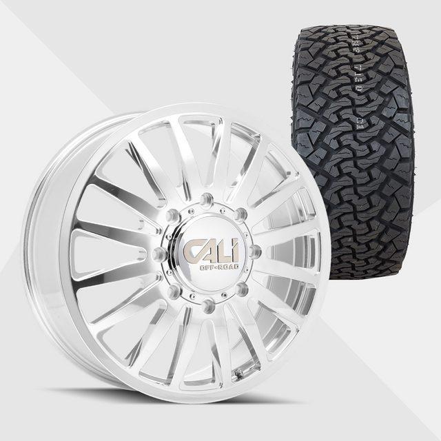 Cali Offroad Summit Polished with Milled Spokes 22x8.25 8x165.1 (8x6.5) with Venom Power Tires Terra Hunter X/T 33x12.50R22 Dually Package