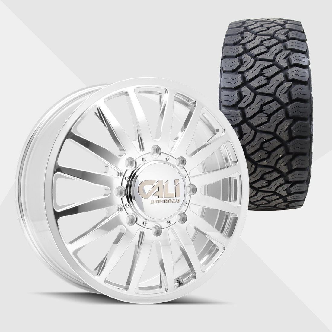 Cali Offroad Summit Polished with Milled Spokes 22x8.25 8x165.1 (8x6.5) with Venom Power Tires Trail Hunter ATX 33x12.50R22 Dually Package