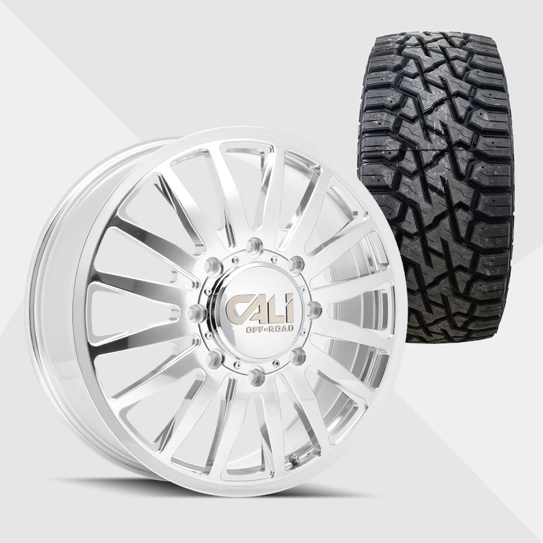 Cali Offroad Summit Polished with Milled Spokes 22x8.25 8x210 with Venom Power Tires Trail Hunter R/T 33x12.50R22 Dually Package