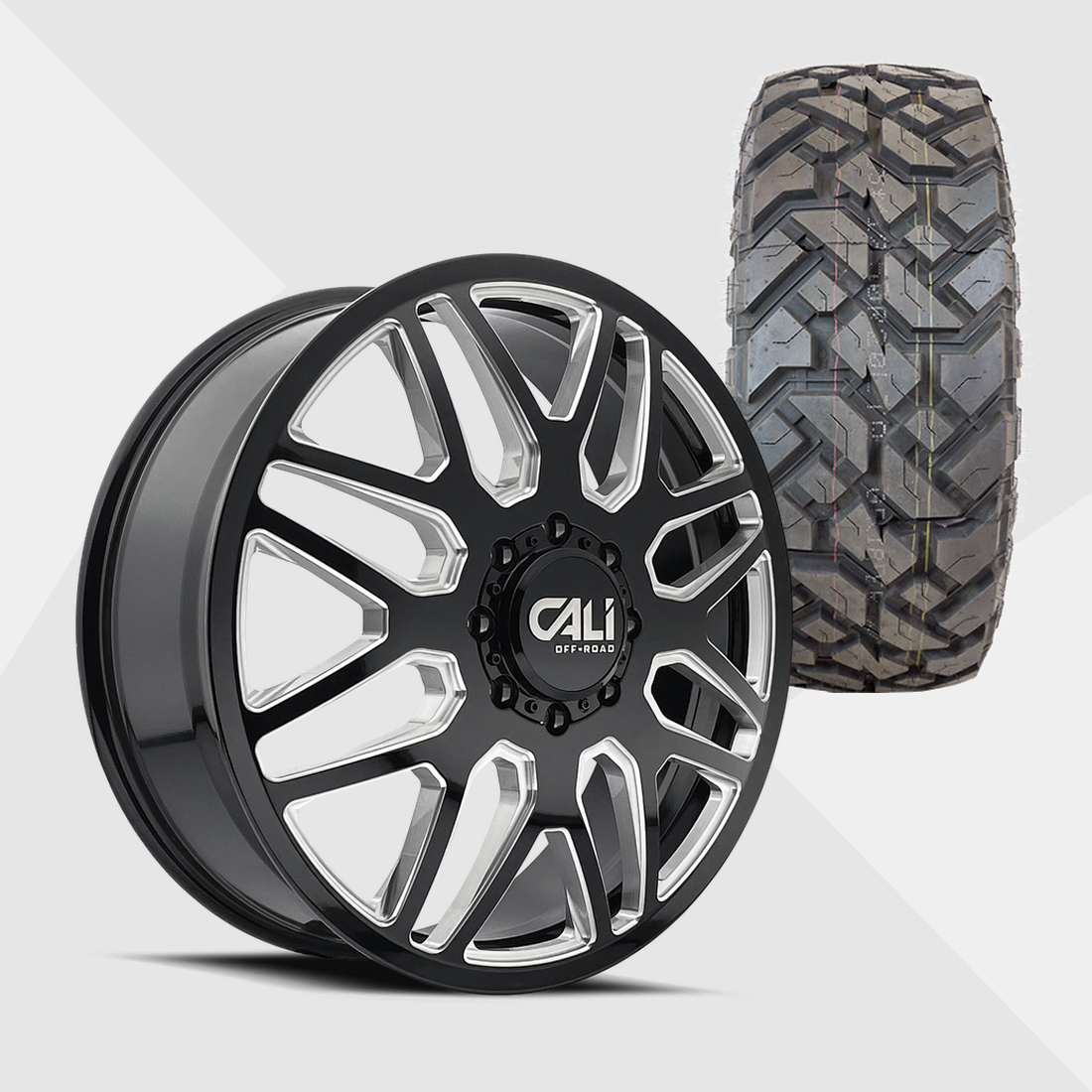 Cali Offroad Invader Gloss Black Milled Spokes 22x8.25 8x200 with Fuel Tires Gripper X/T 33x12.50R22 Dually Package