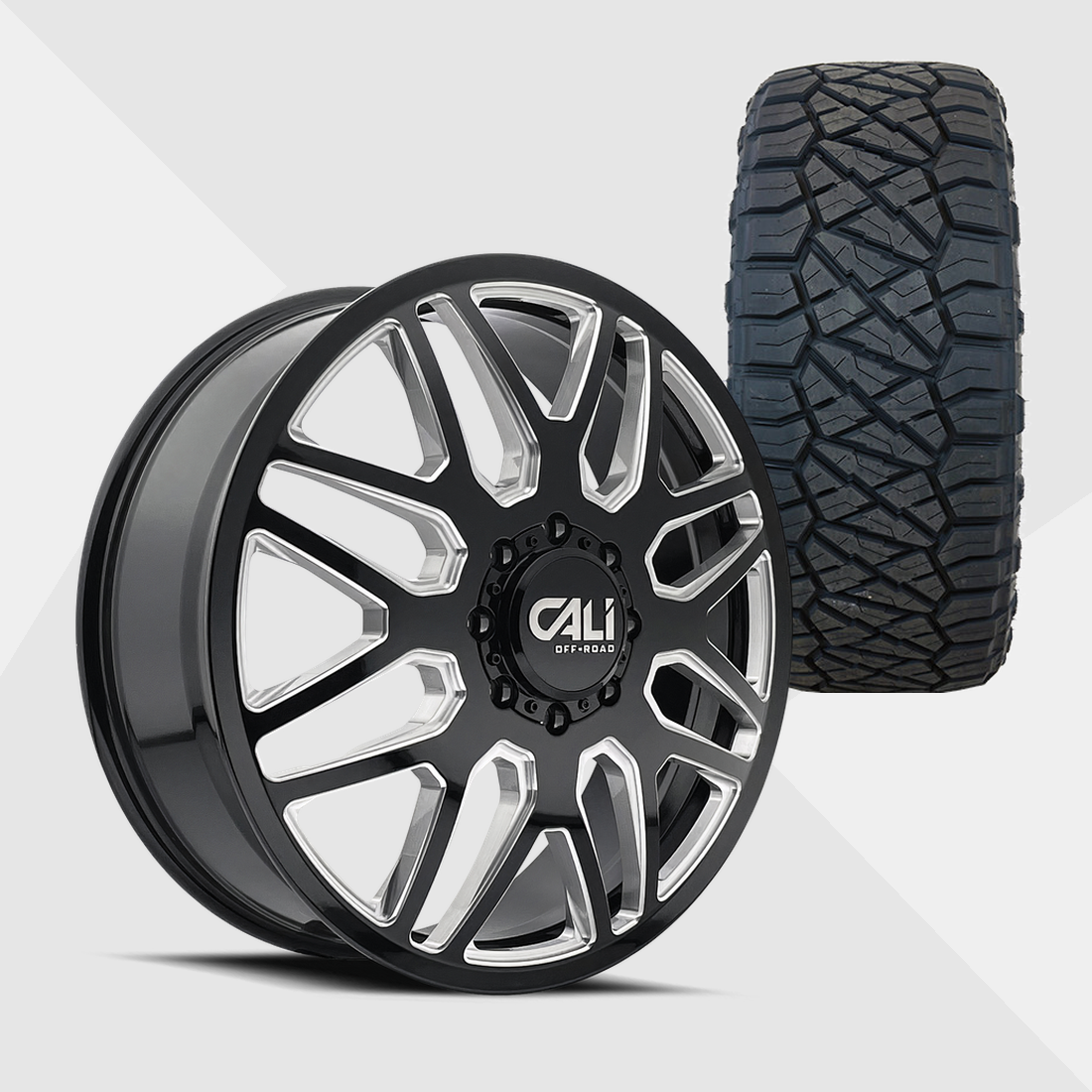 Cali Offroad Invader Gloss Black Milled Spokes 22x8.25 8x165.1 (8x6.5) with Nitto Tires Ridge Grappler 37x12.50R22 Dually Package