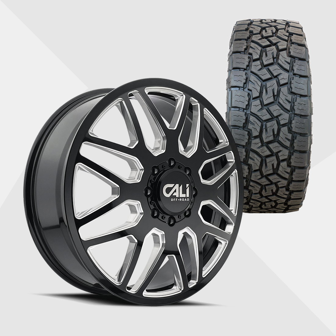 Cali Offroad Invader Gloss Black Milled Spokes 22x8.25 8x200 with Toyo Tires Open Country A/T III 285/55R22 Dually Package