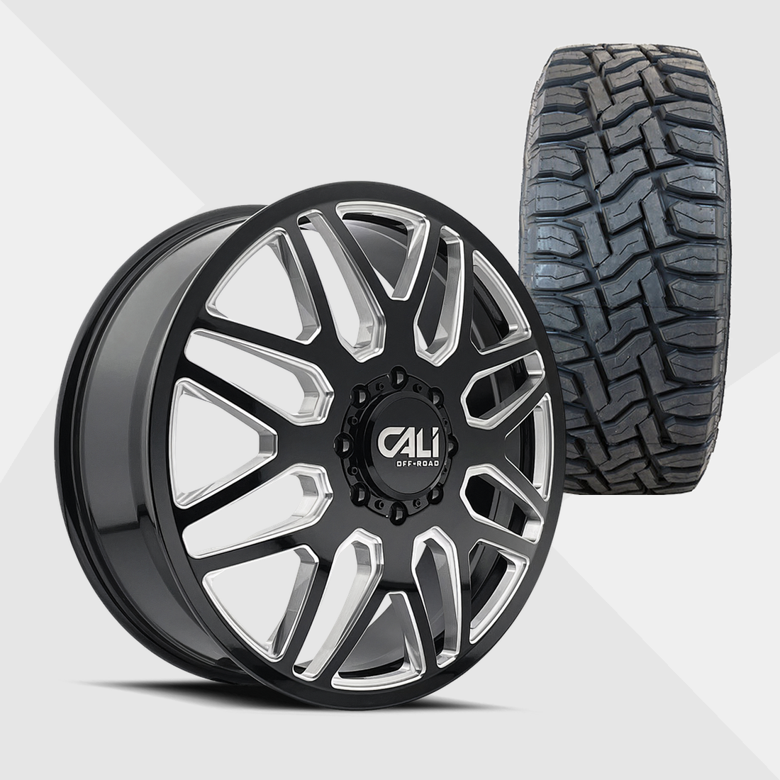 Cali Offroad Invader Gloss Black Milled Spokes 22x8.25 8x165.1 (8x6.5) with Toyo Tires Open Country R/T 37x12.50R22 Dually Package