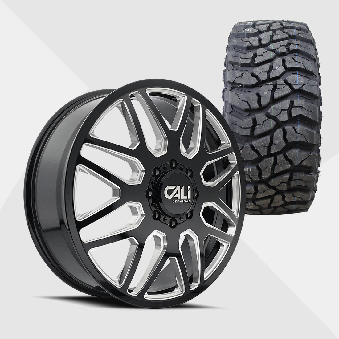 Cali Offroad Invader Gloss Black Milled Spokes 22x8.25 8x210 with Venom Power Tires Swampthing M/T 33x12.50R22 Dually Package
