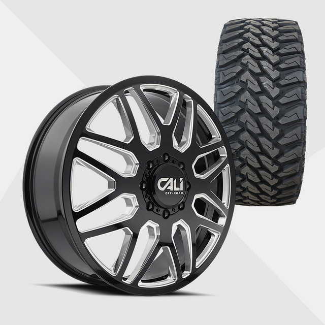 Cali Offroad Invader Gloss Black Milled Spokes 22x8.25 8x200 with Venom Power Tires Terra Hunter M/T 33x12.50R22 Dually Package