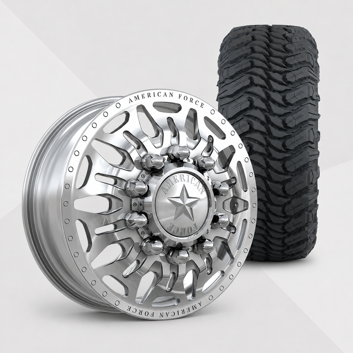 American Force Overhaul Polished 22x8.25 10x225 with Atturo Tires Trail Blade MTS 285/55R22 Dually Package