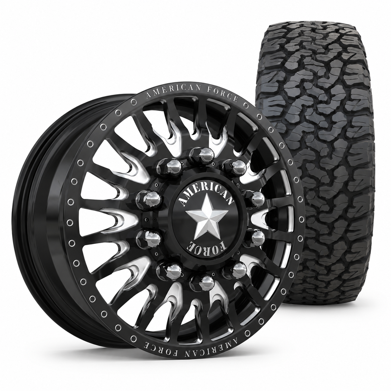 American Force Reactor Gloss Black Milled 22x8.25 8x165.1 (8x6.5) with BF Goodrich Tires T/A KO2 A/T 35x12.50R22 Dually Package