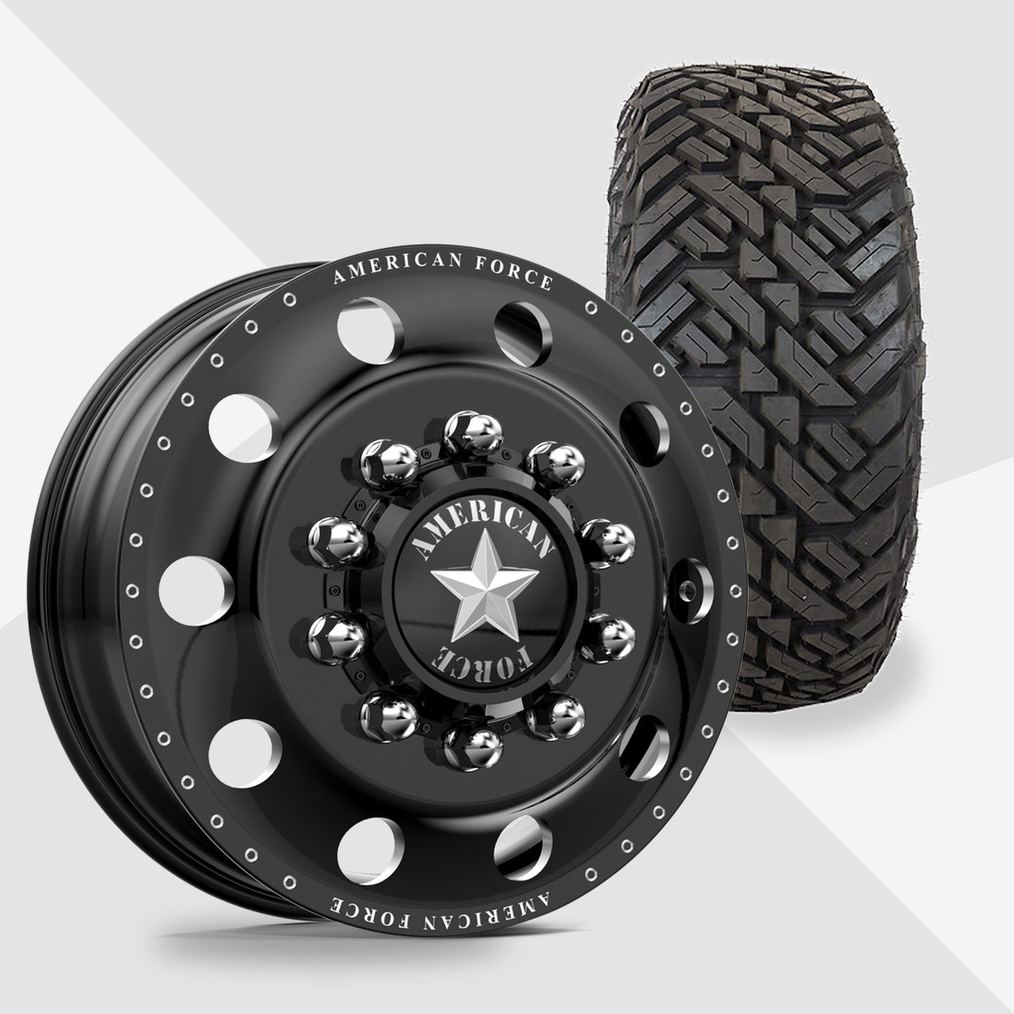 American Force Classic Gloss Black Milled 24x8.25 Fuel Tires Gripper M/T 37x13.50R24 24" Dually Package