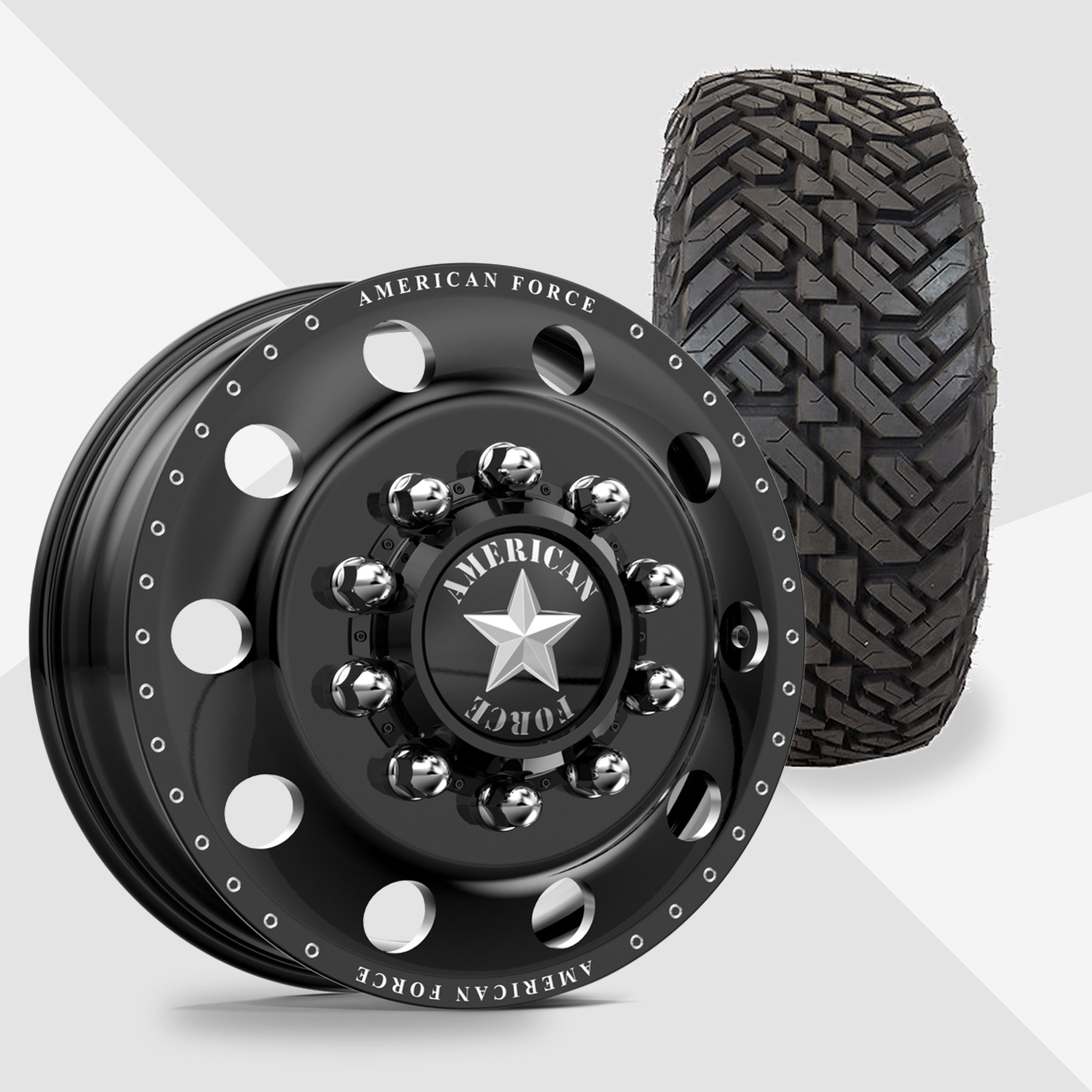 American Force Classic Gloss Black Milled 24x8.25 Fuel Tires Gripper M/T 35x13.50R24 24" Dually Package